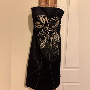 White House Black Market Black Strapless Dress with Gold Floral Appliqué
